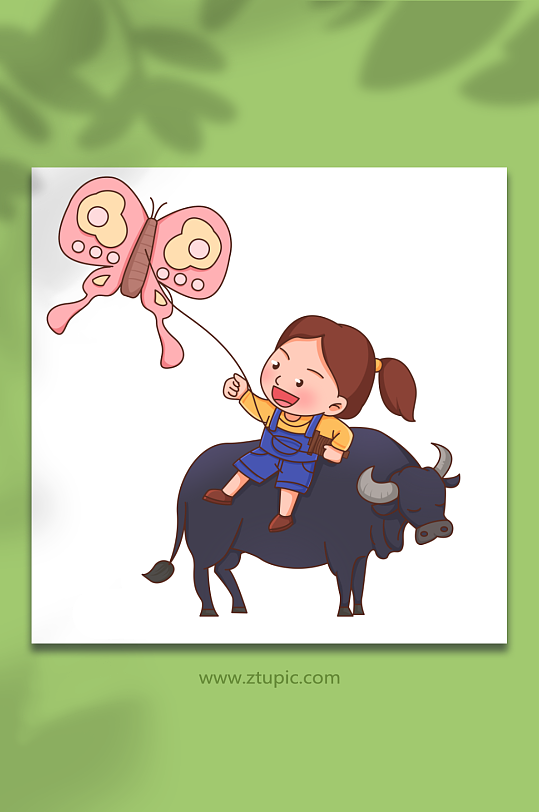女童放牛清明节人物元素插画