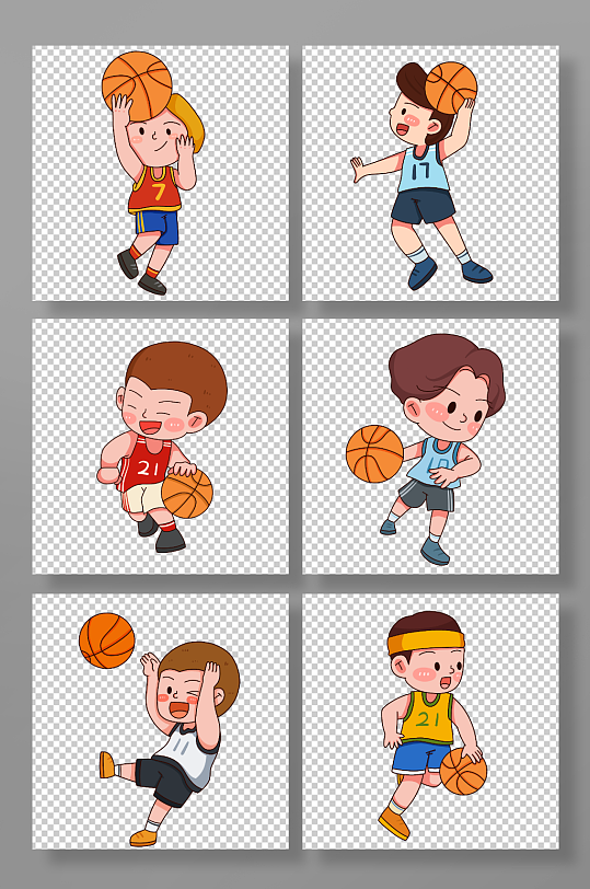 手绘打篮球运动人物元素插画