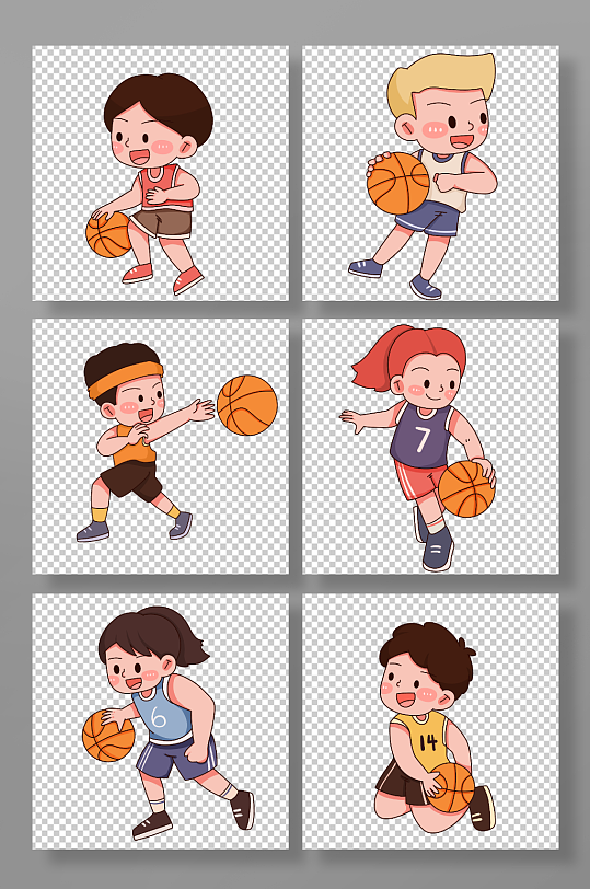 手绘线描打篮球运动人物元素插画