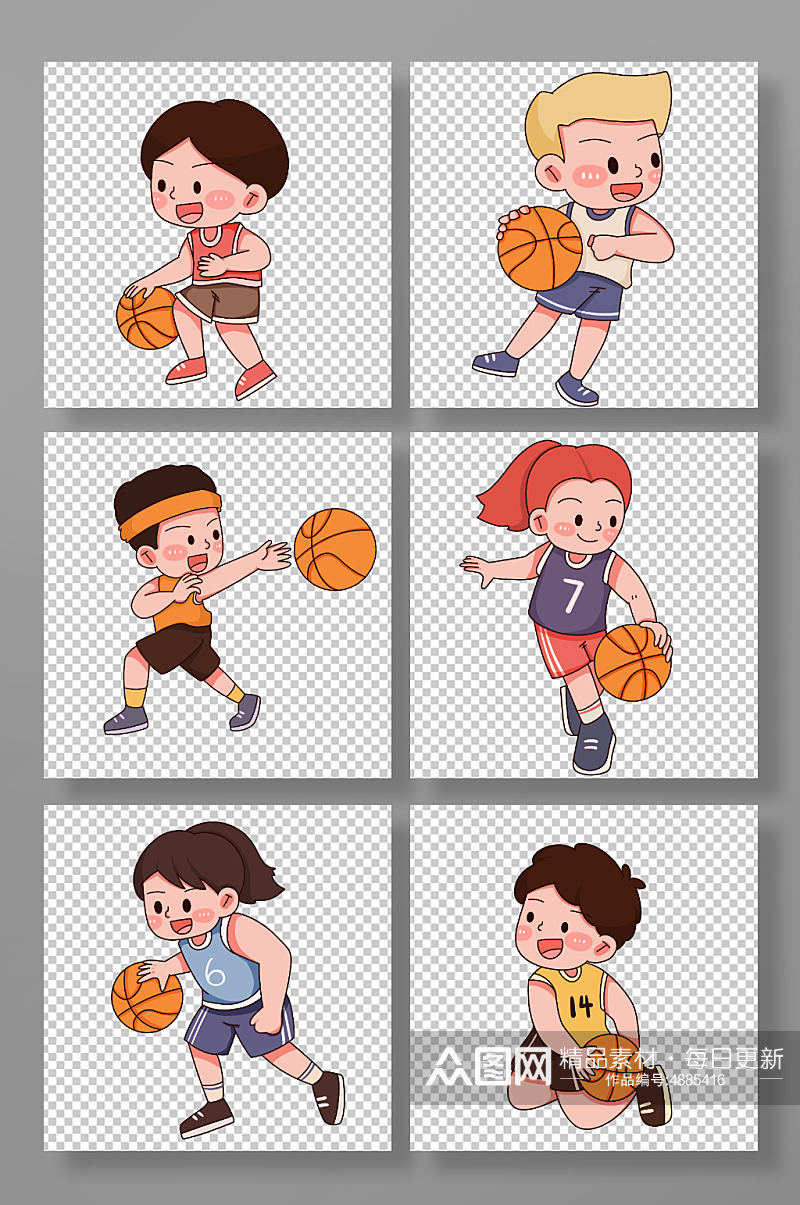 手绘线描打篮球运动人物元素插画素材