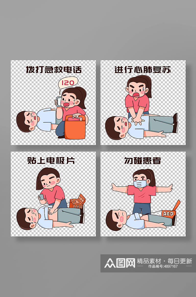 卡通手绘AED急救步骤医疗插画素材