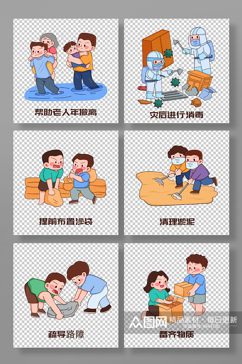 可爱人物夏季防汛防洪安全知识插画素材