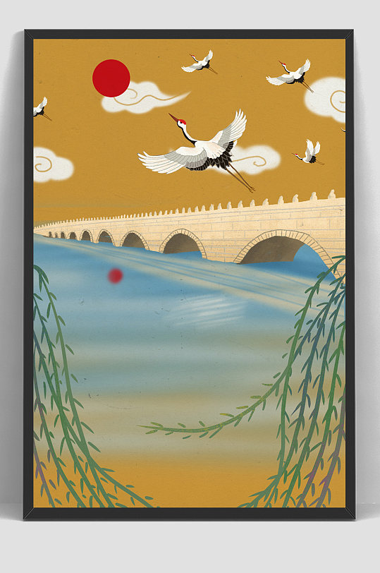 中国风仙鹤卢沟桥插画-众图网