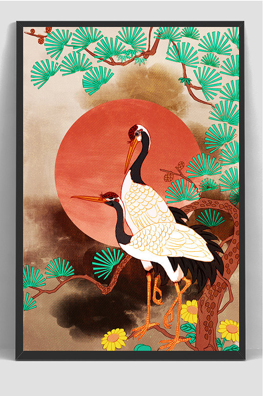 中国风国潮仙鹤红日插画