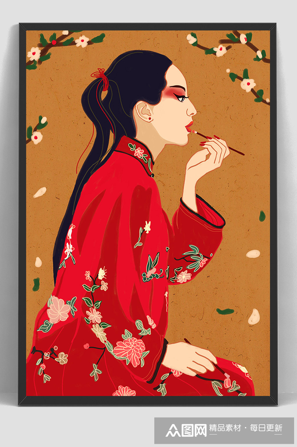 古装红衣京剧人物手绘插画