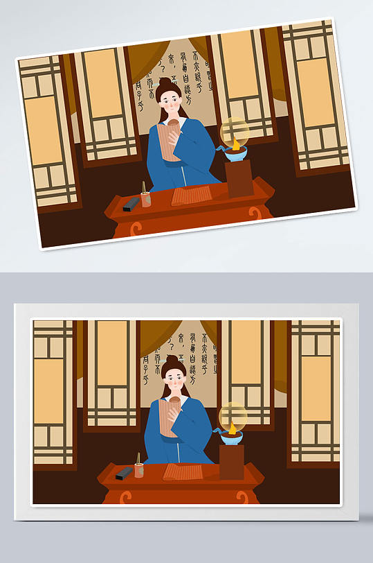 挑灯夜读寓言成语故事插画