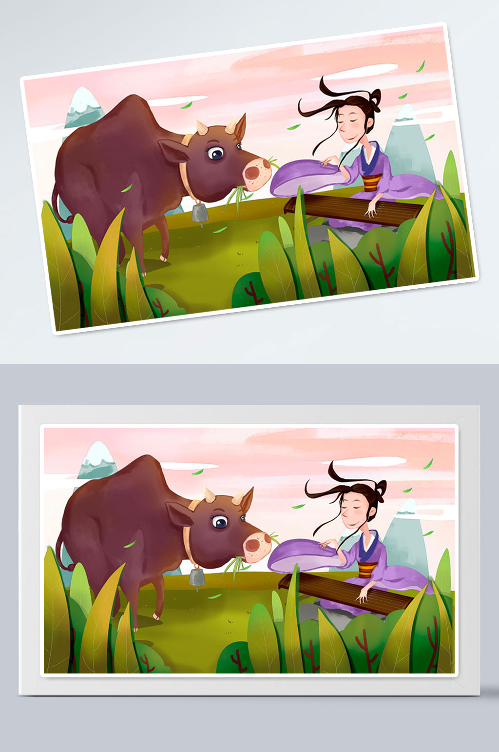 对牛弹琴寓言成语故事插画素材