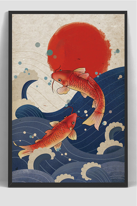 日本紅日浮世繪手繪插畫