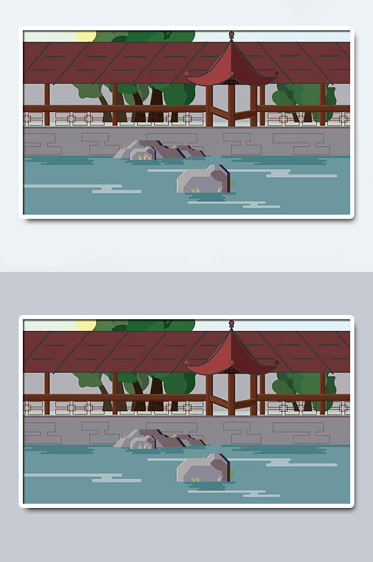 走廊国风古代地标建筑插画