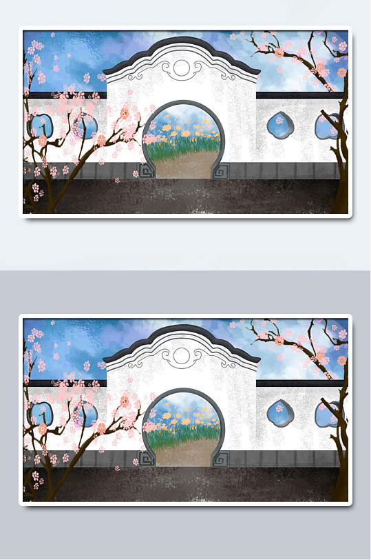 中国风古建筑白墙插画
