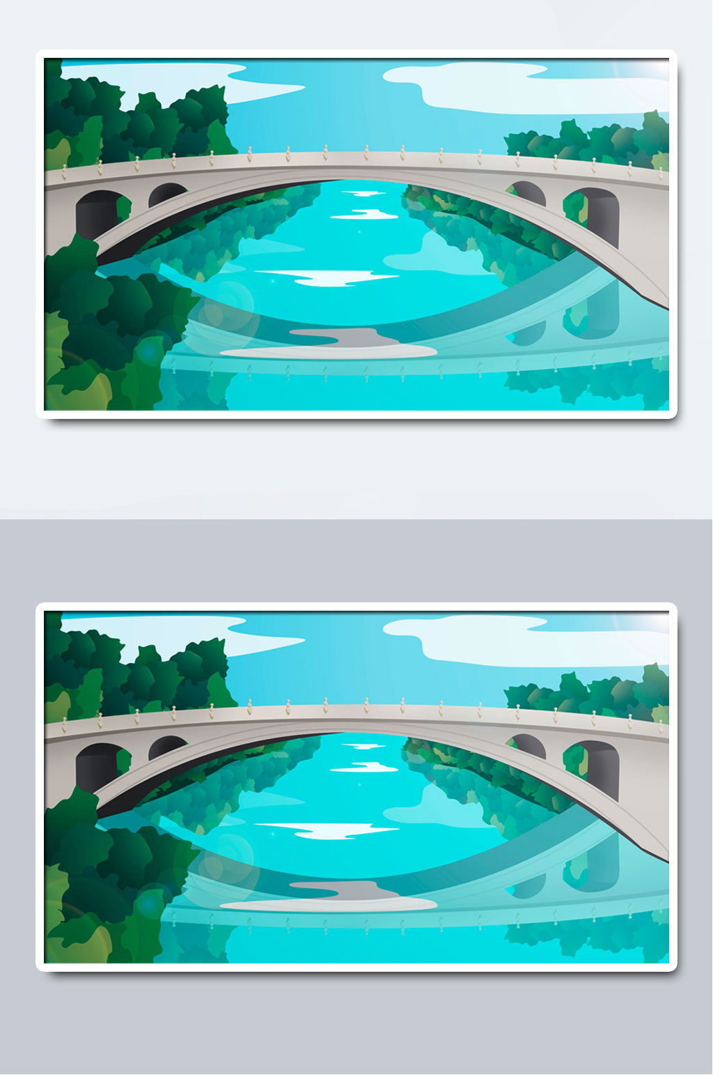 中国风古建筑石桥插画