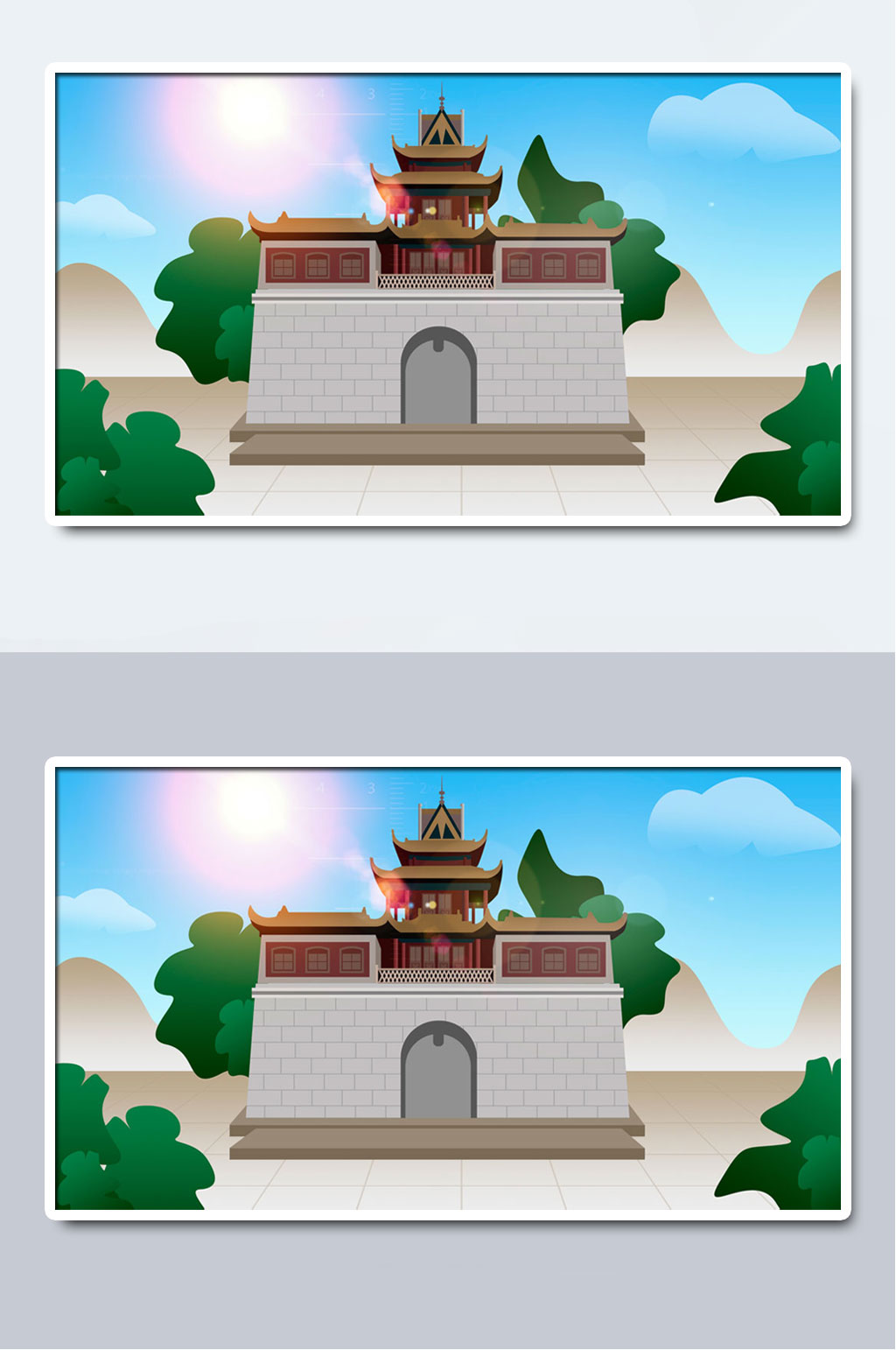 中国风古建筑日光插画素材