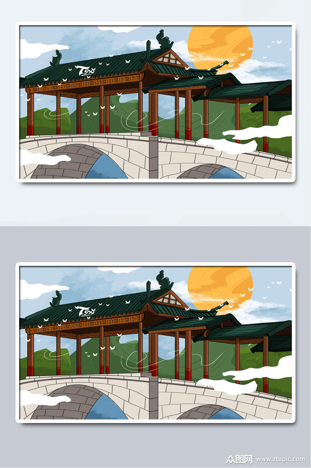 中国风古建石桥插画