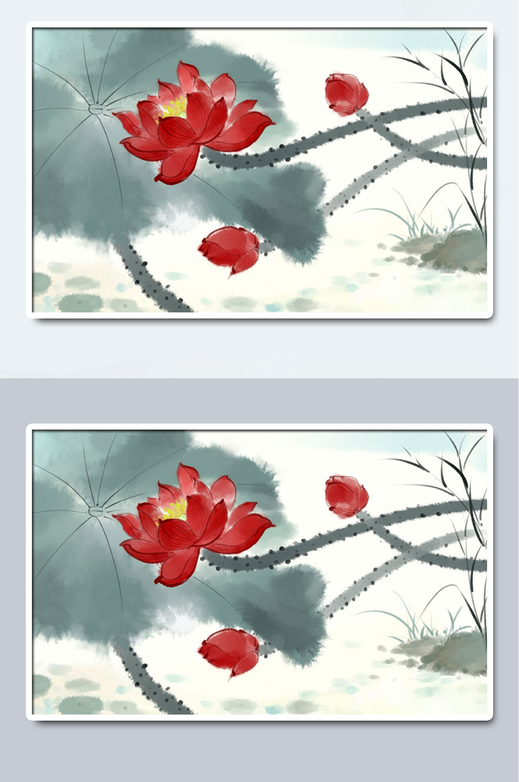 中国水墨荷花荷叶手绘插画素材