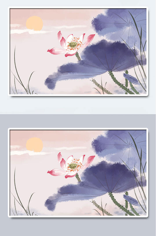 中国水墨荷花荷叶手绘插画