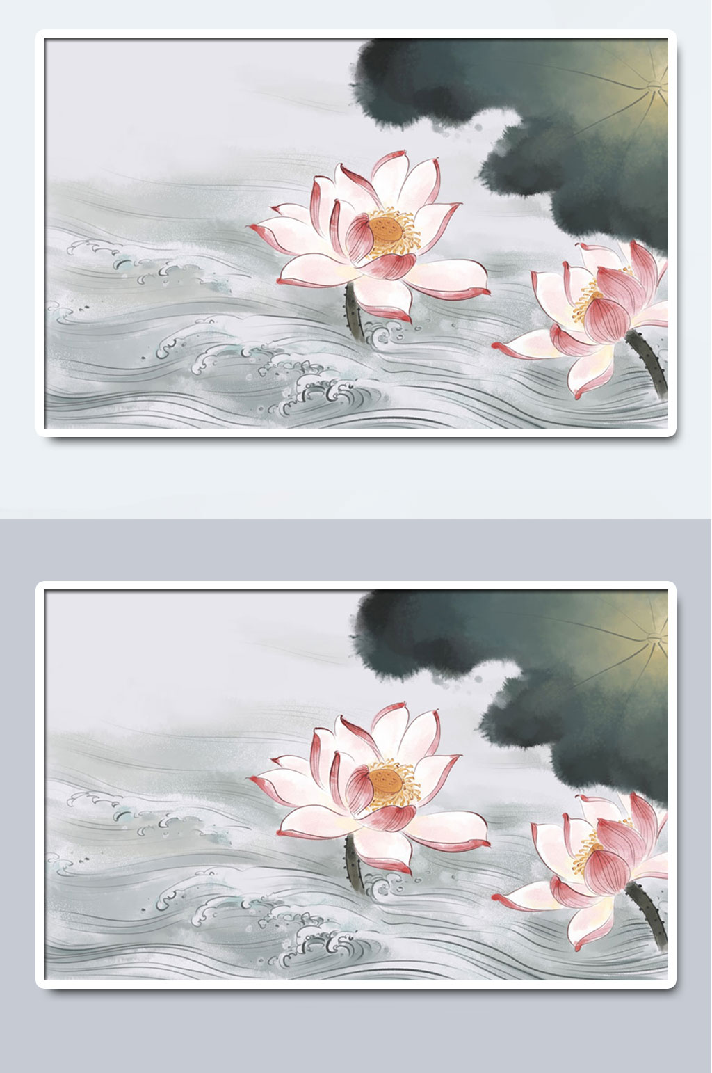 中国水墨荷花荷叶手绘插画素材