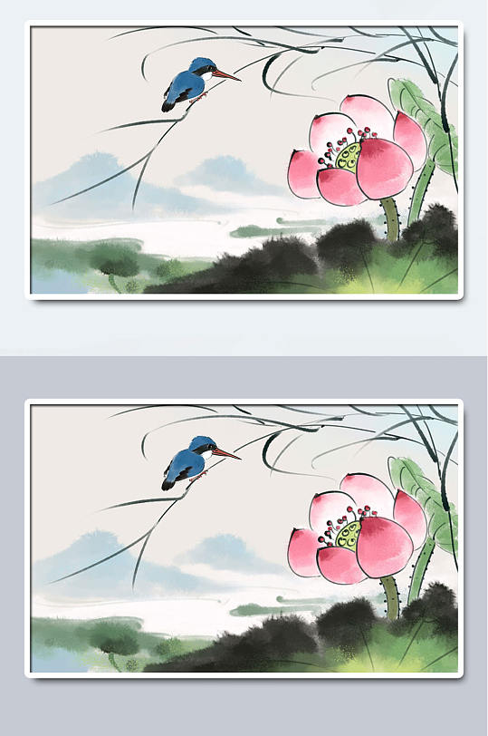 中国水墨荷花荷叶手绘插画