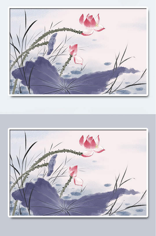 中国水墨荷花荷叶手绘插画