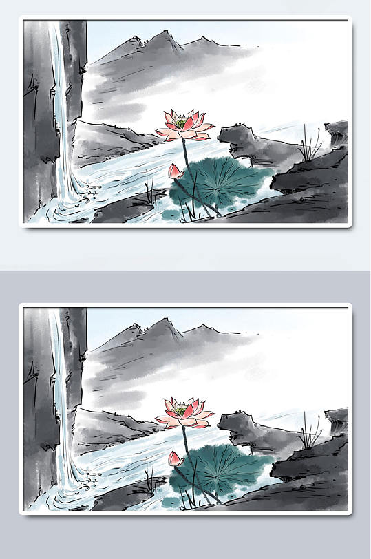 中国水墨荷花荷叶手绘插画