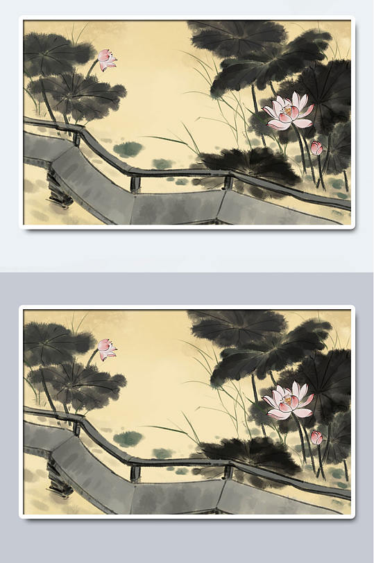 中国水墨荷花荷叶手绘插画