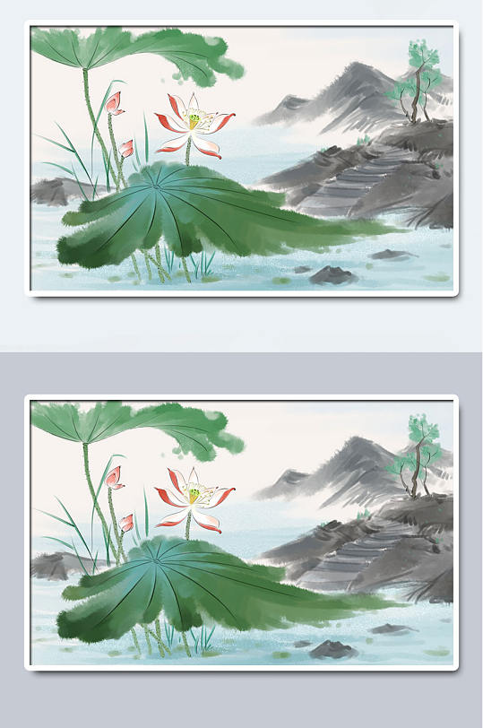 中国水墨荷花荷叶手绘插画