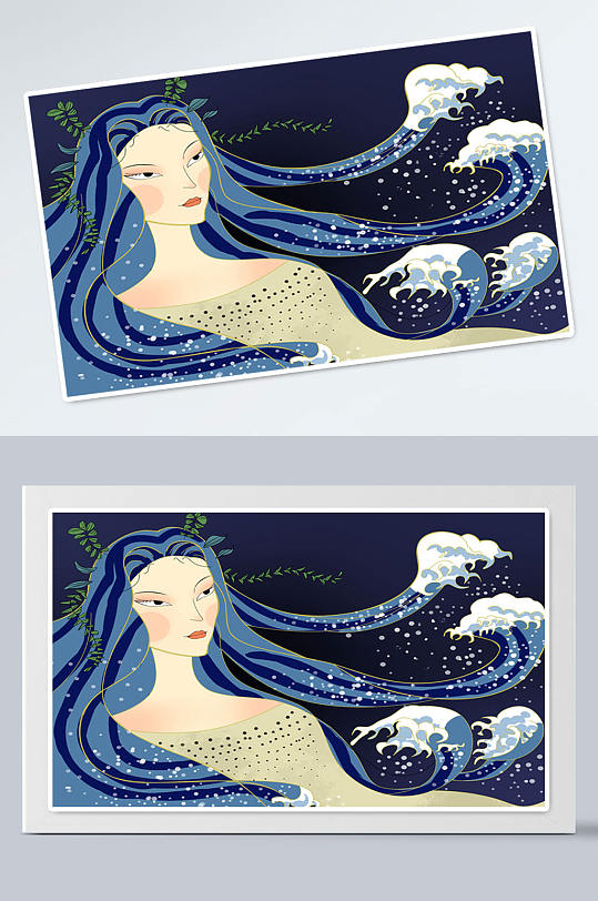日系海女宣传海报背景素材蓝色浪花展板