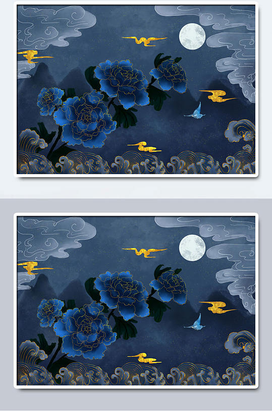 国潮蓝莲花中国山水插画