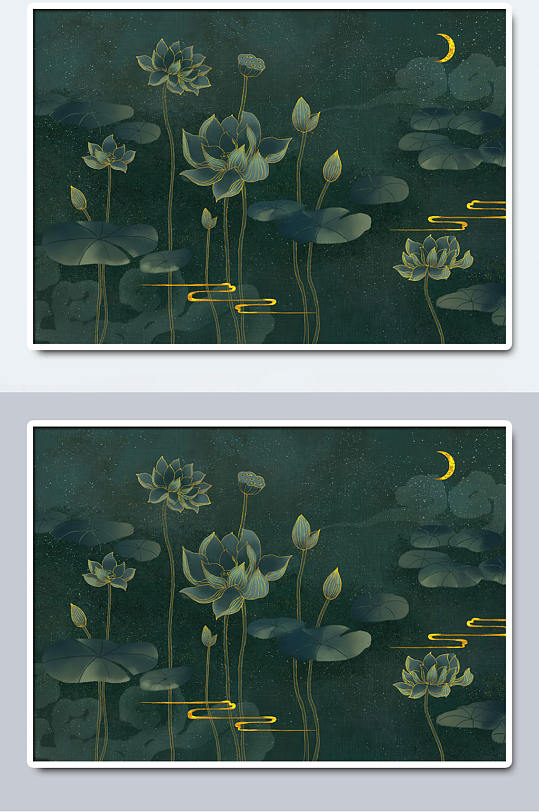 国潮莲叶中国山水插画