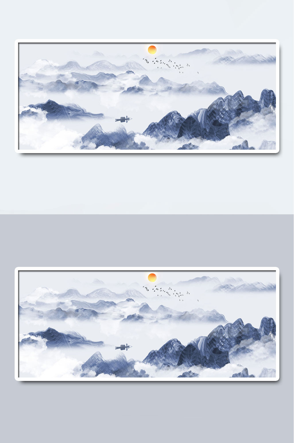 扁舟中国风水墨国画插画素材