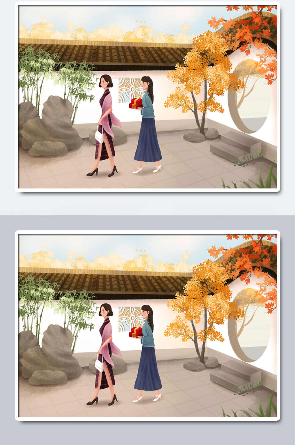 庭院复古旗袍护肤插画素材