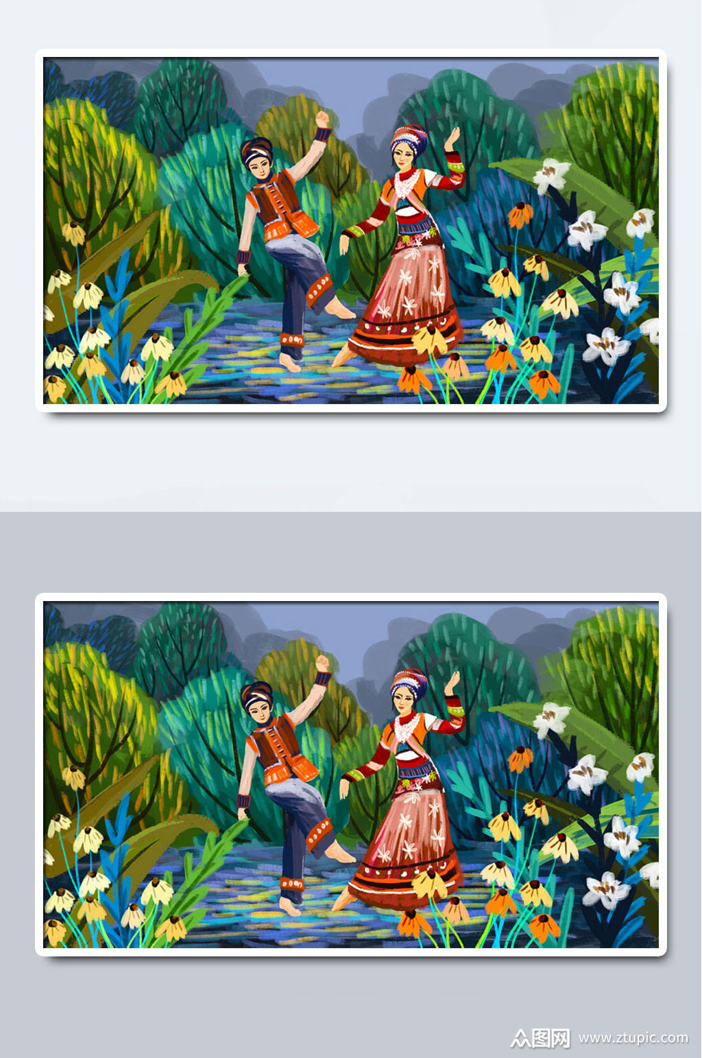 湘西少数民族苗族插画歌舞模板下载-编号200103-众图网