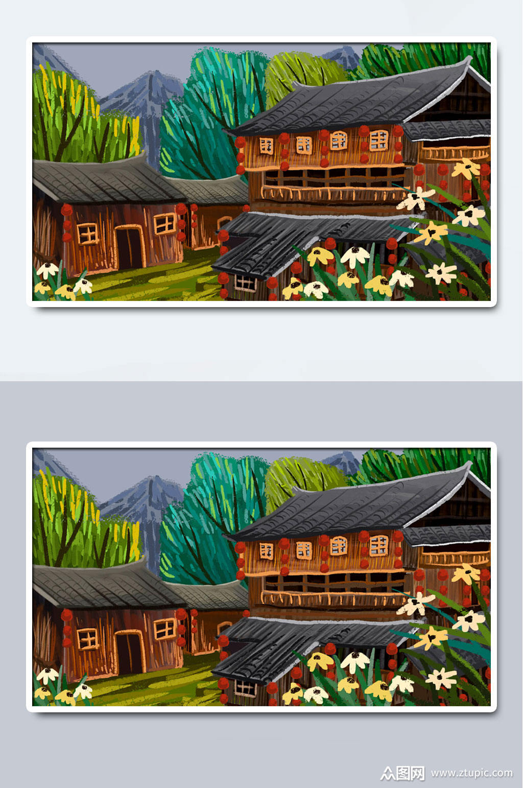 湘西少数民族苗族建筑插画素材
