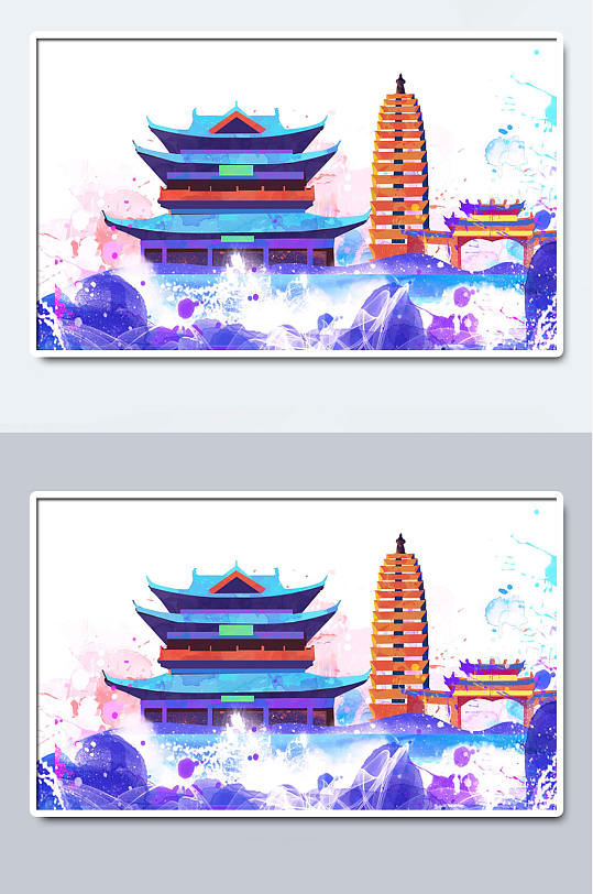 大雁塔水彩城市手绘插画