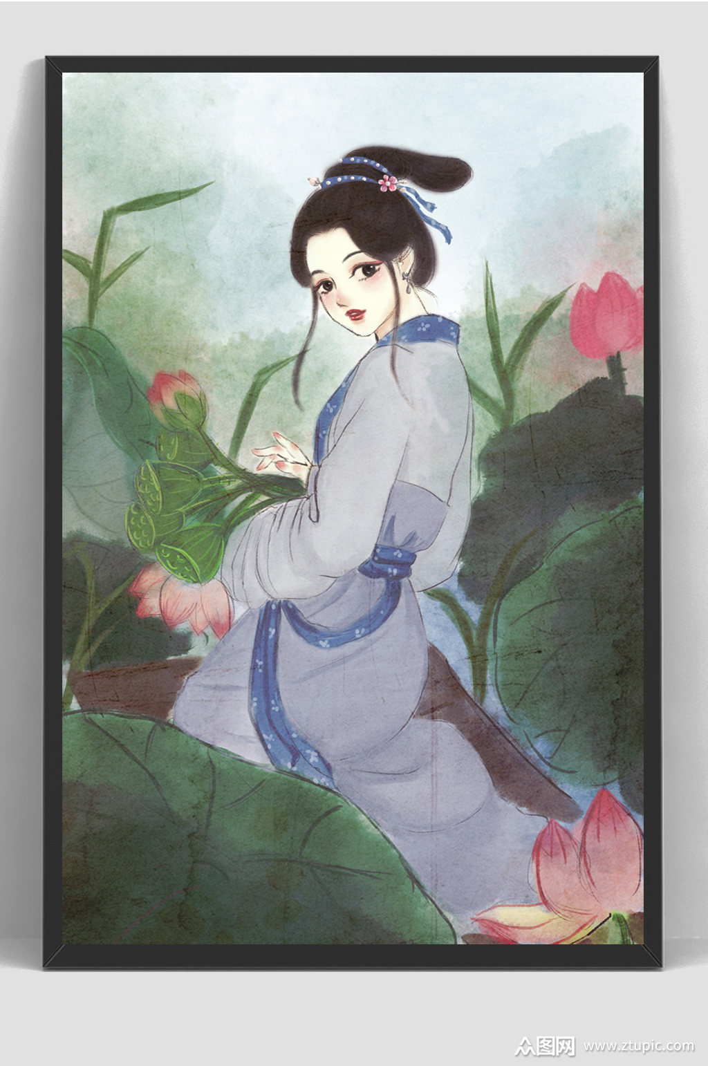 中国古风采莲古代手绘插画