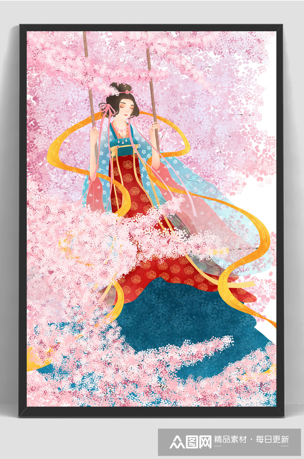 中国古风秋千古代手绘插画