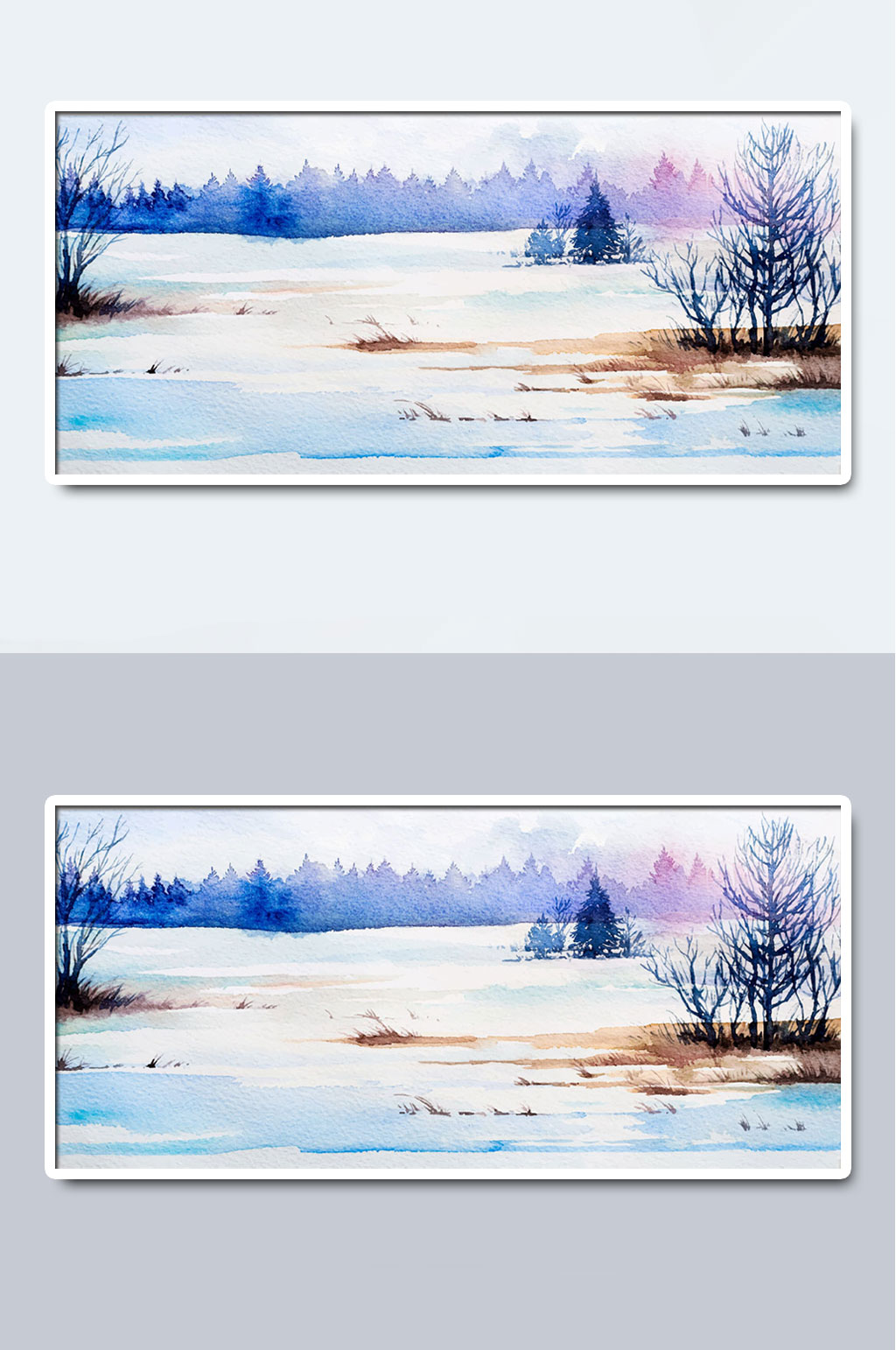 唯美雪景水彩山水风景画素材