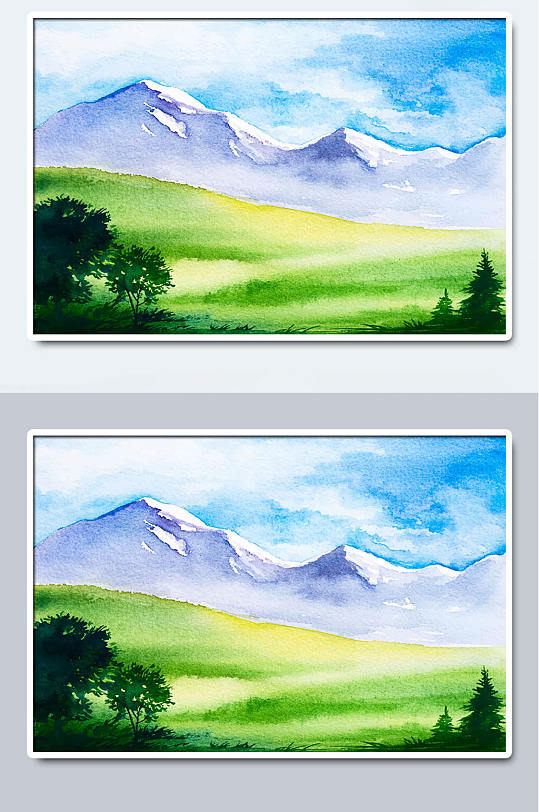 唯美草原水彩山水风景画