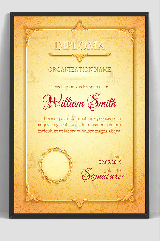 金色英文证书质检报告模板-众图网