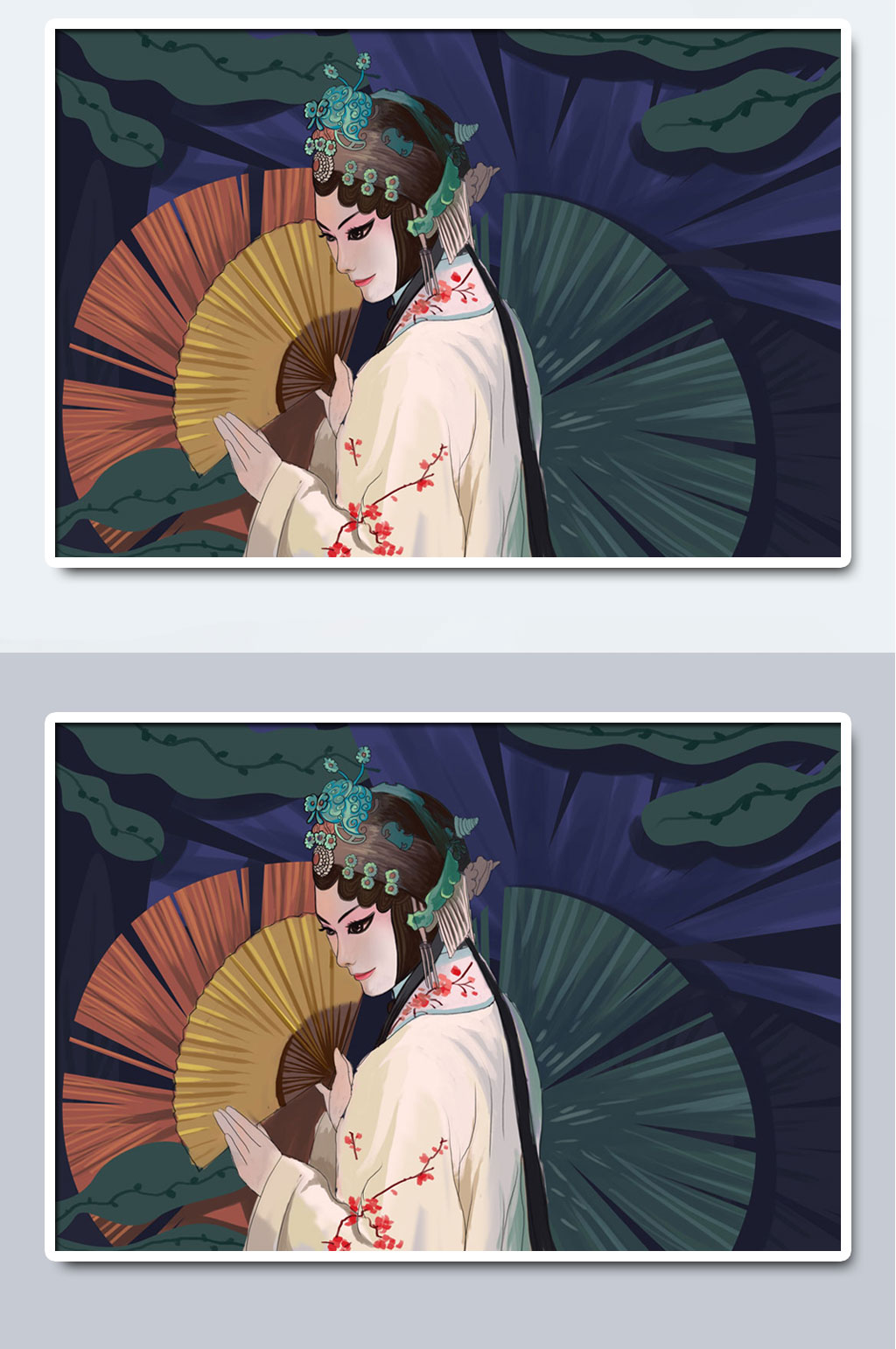蓝色国潮戏曲国粹手绘插画素材