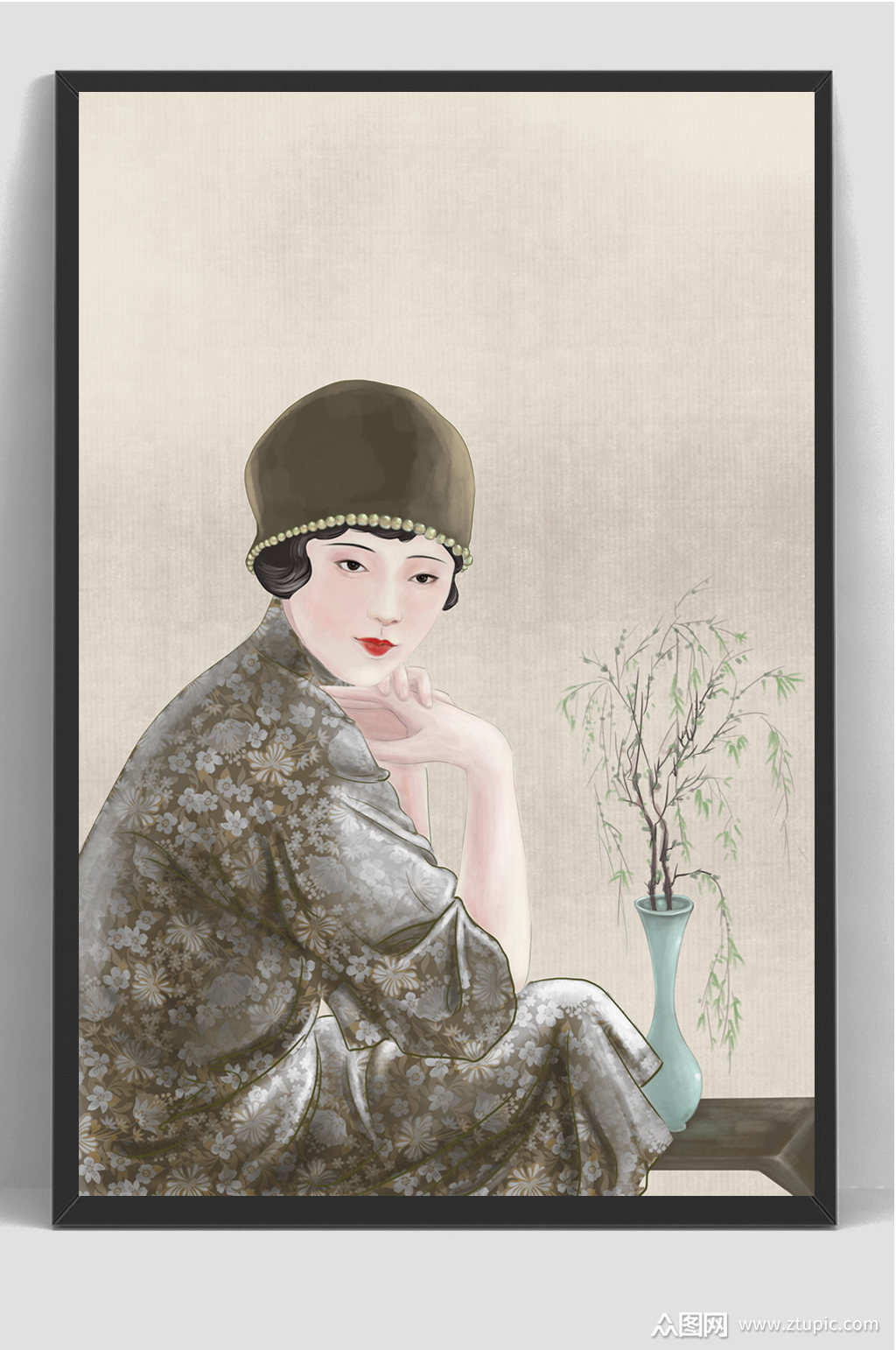 古韵民国风旗袍手绘插画素材