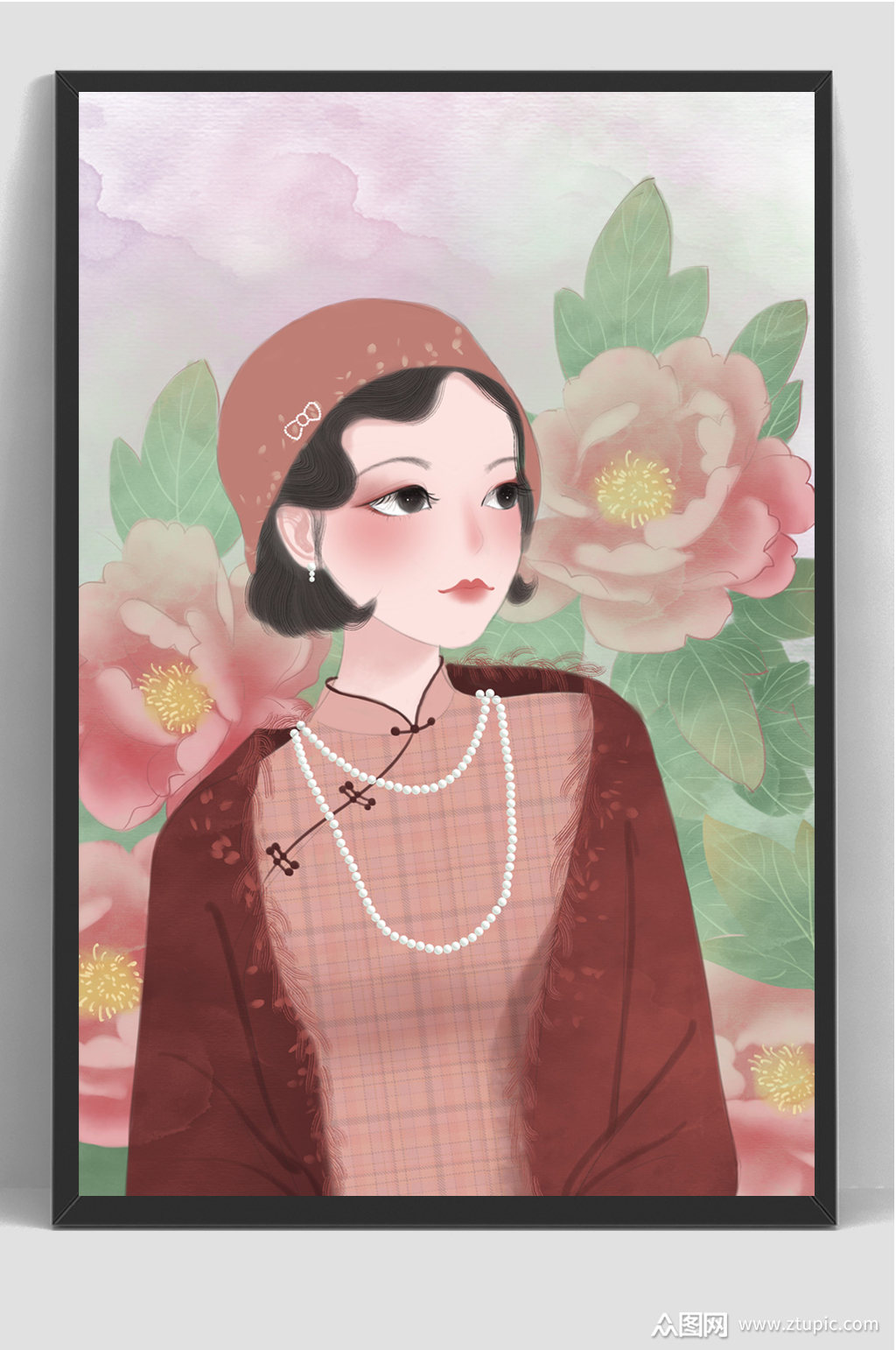 漂亮民国风旗袍手绘插画素材