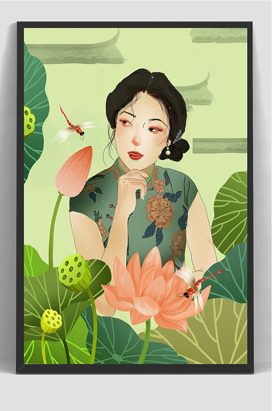荷叶民国风旗袍手绘插画