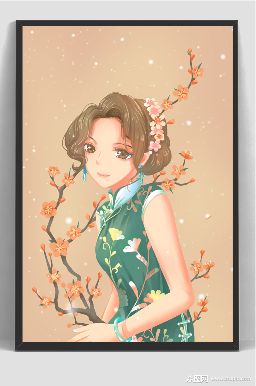 鲜花民国风旗袍手绘插画素材