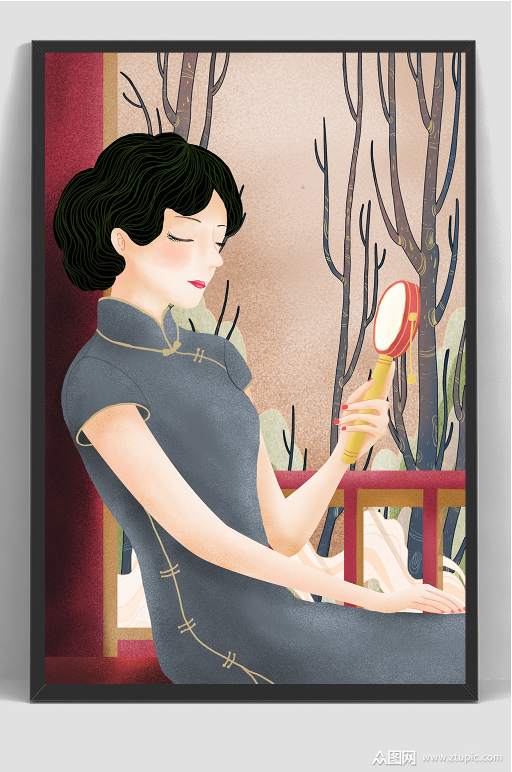 古典民国风旗袍手绘插画素材