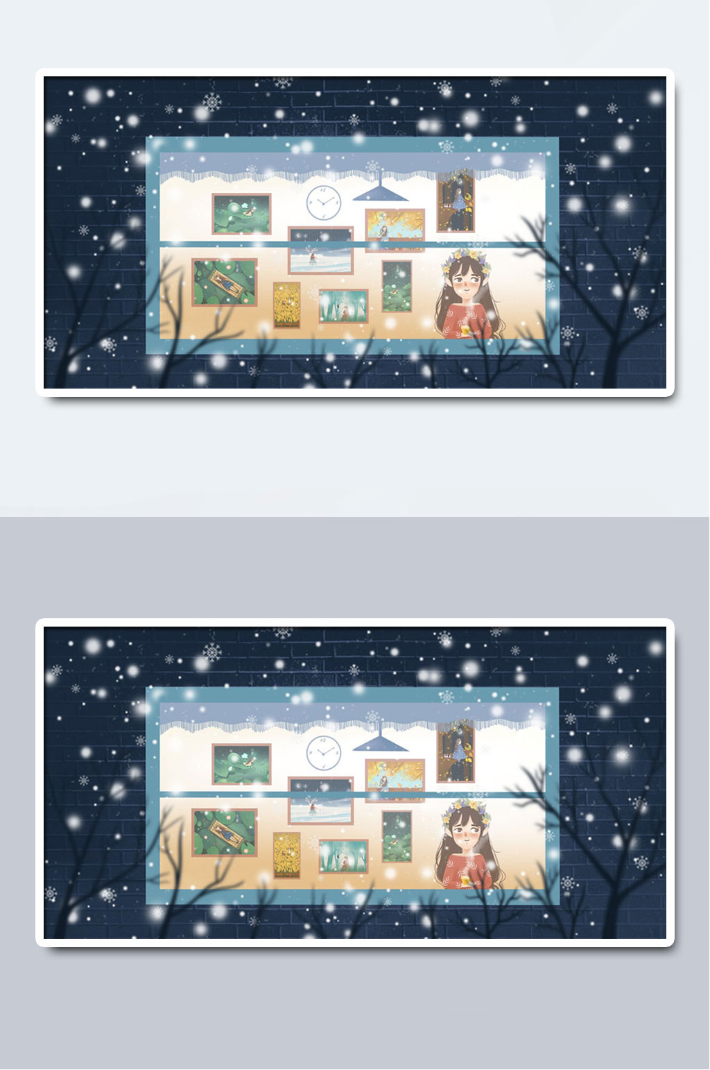 雪景清新女孩森林手绘插画素材
