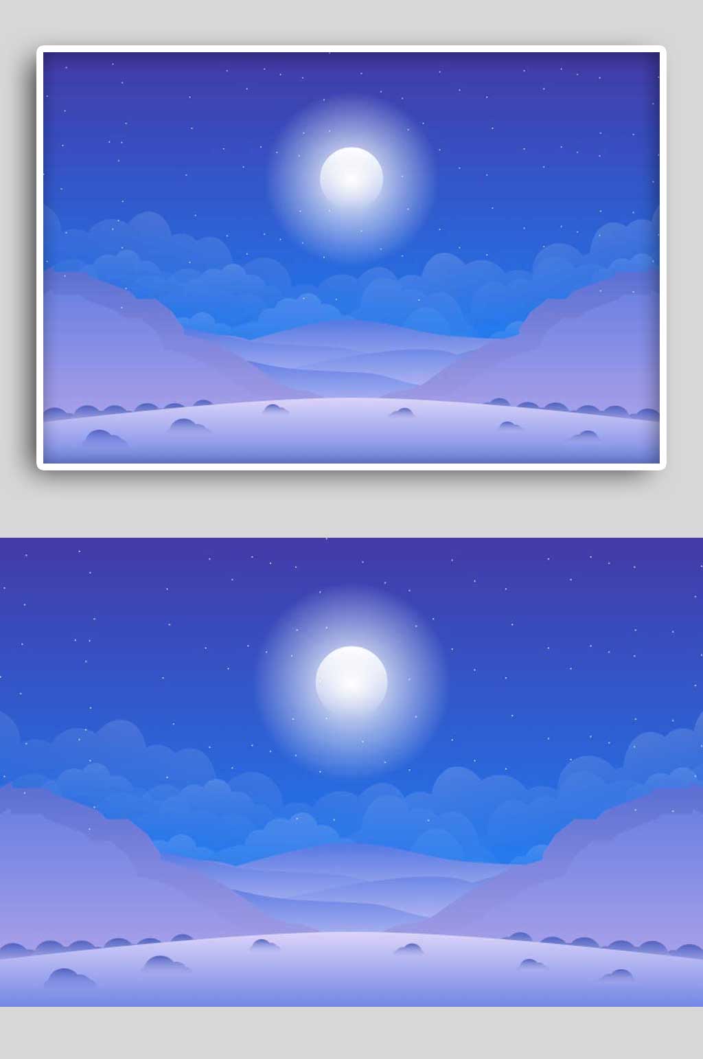 蓝色扁平夜空山川风景插画素材