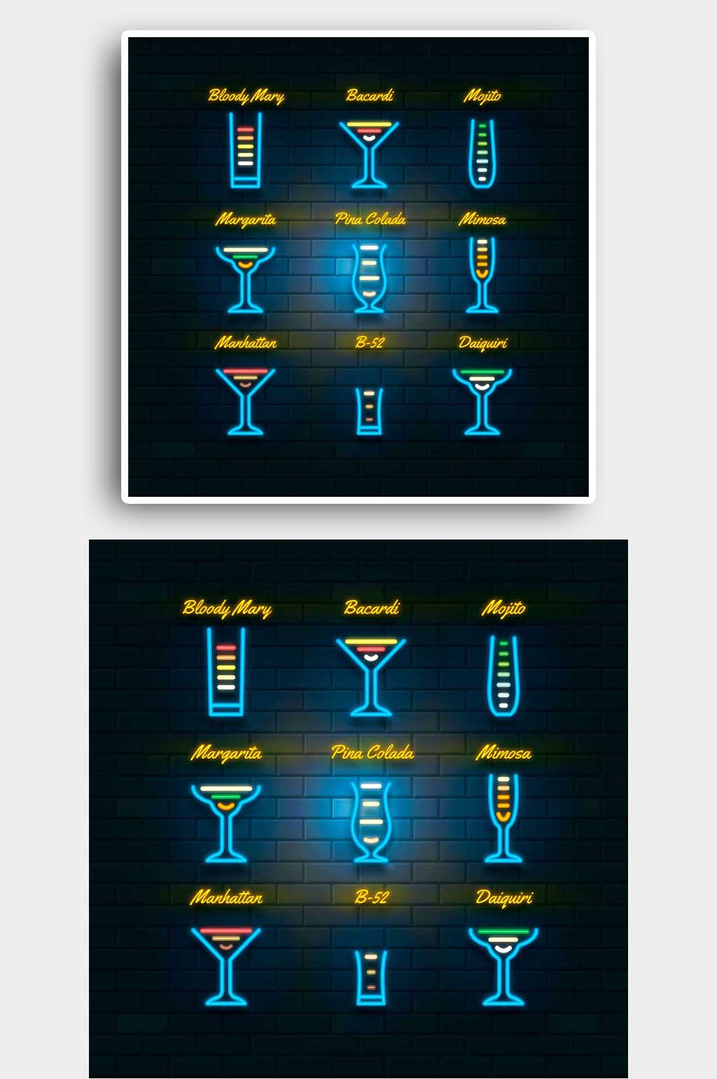 蓝色酒吧霓虹灯酒杯徽标 霓虹灯元素素材