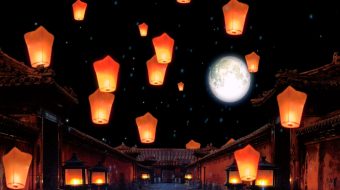 古建筑庭院中国风 孔明灯视频-众图网