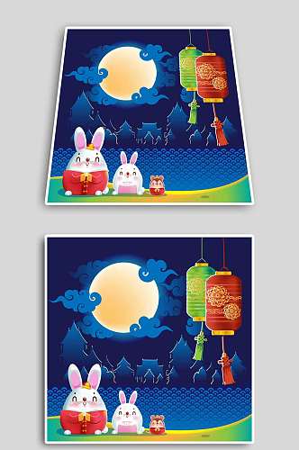 蓝色玉兔中秋节矢量海报