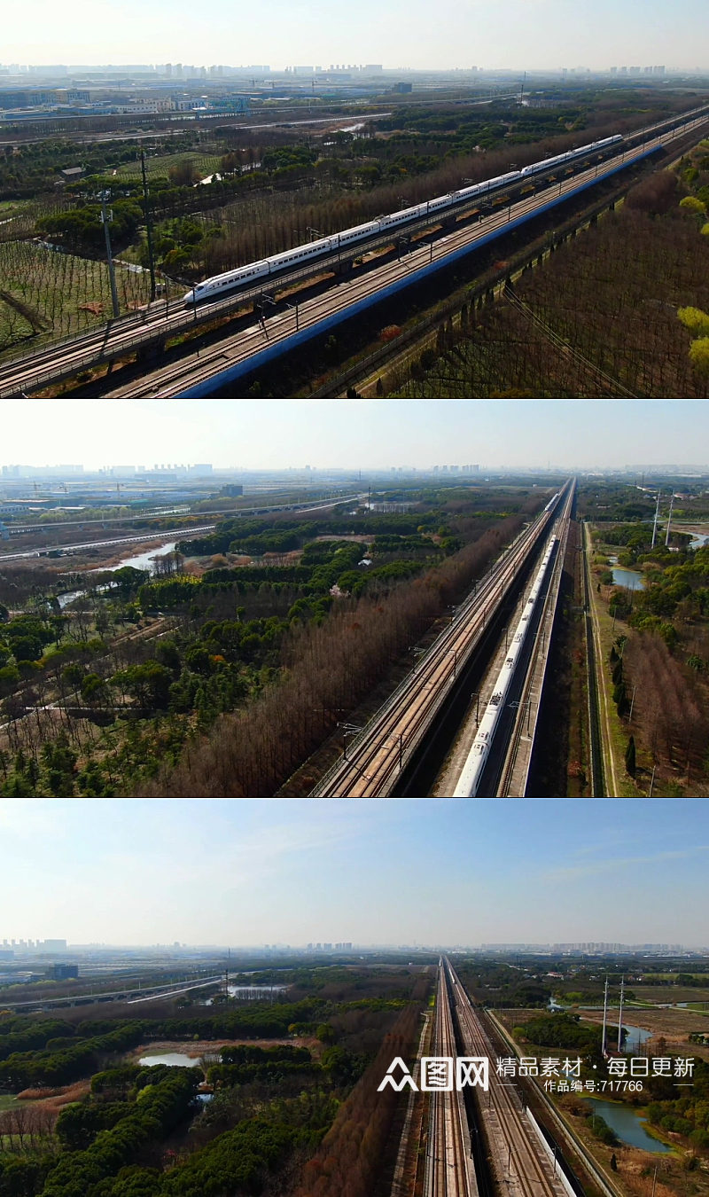 上海安亭航拍两列高铁经过素材
